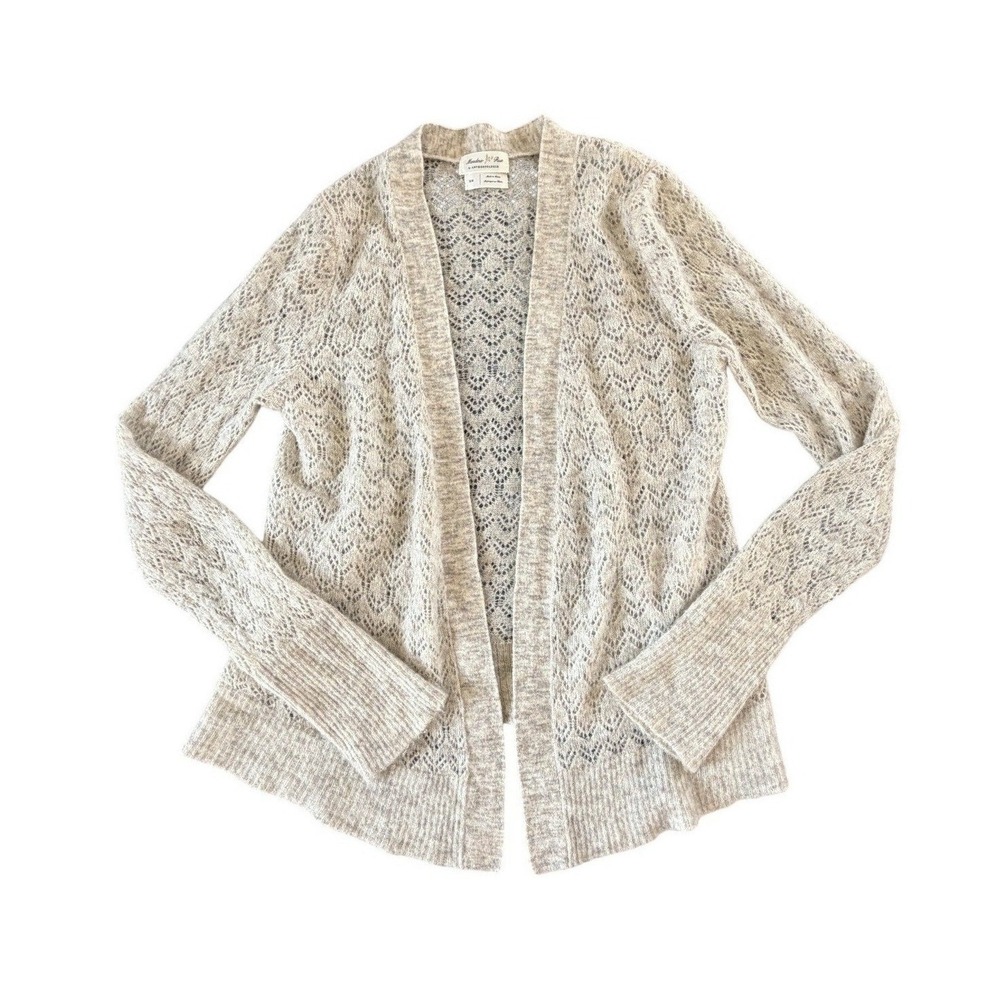 Meadow Rue Women's XS Beige Pointelle Cardigan Sweater Wool Blend Cottage Fairy